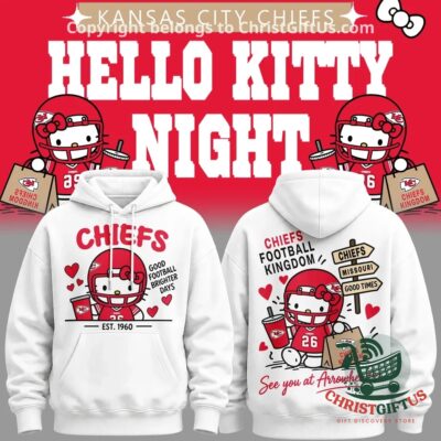 Kansas City Chiefs Hello Kitty Night 2026 Hoodie - front and back views displayed together