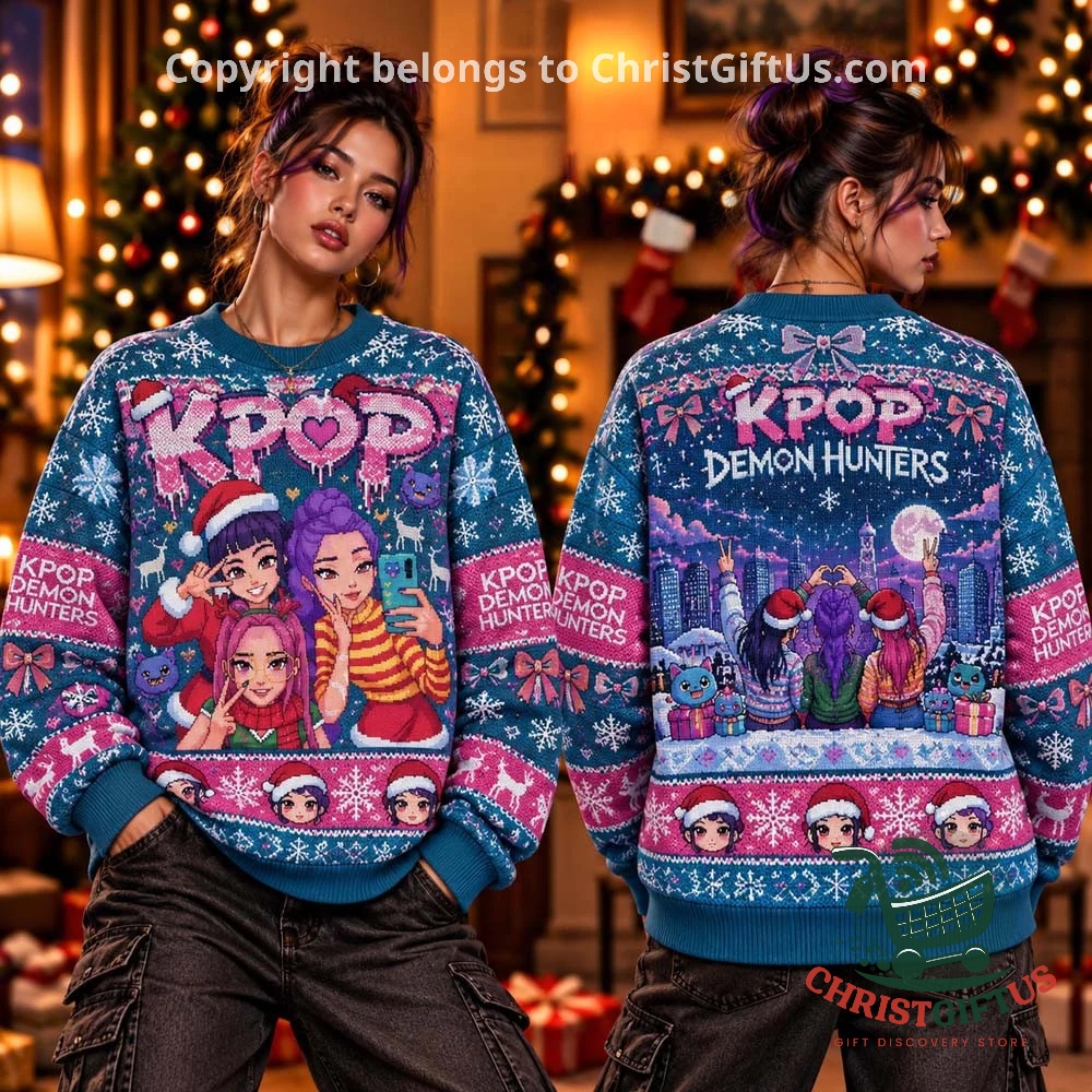KPop Demon Hunters Christmas Ugly Sweater 2026 - front and back views with anime character graphics