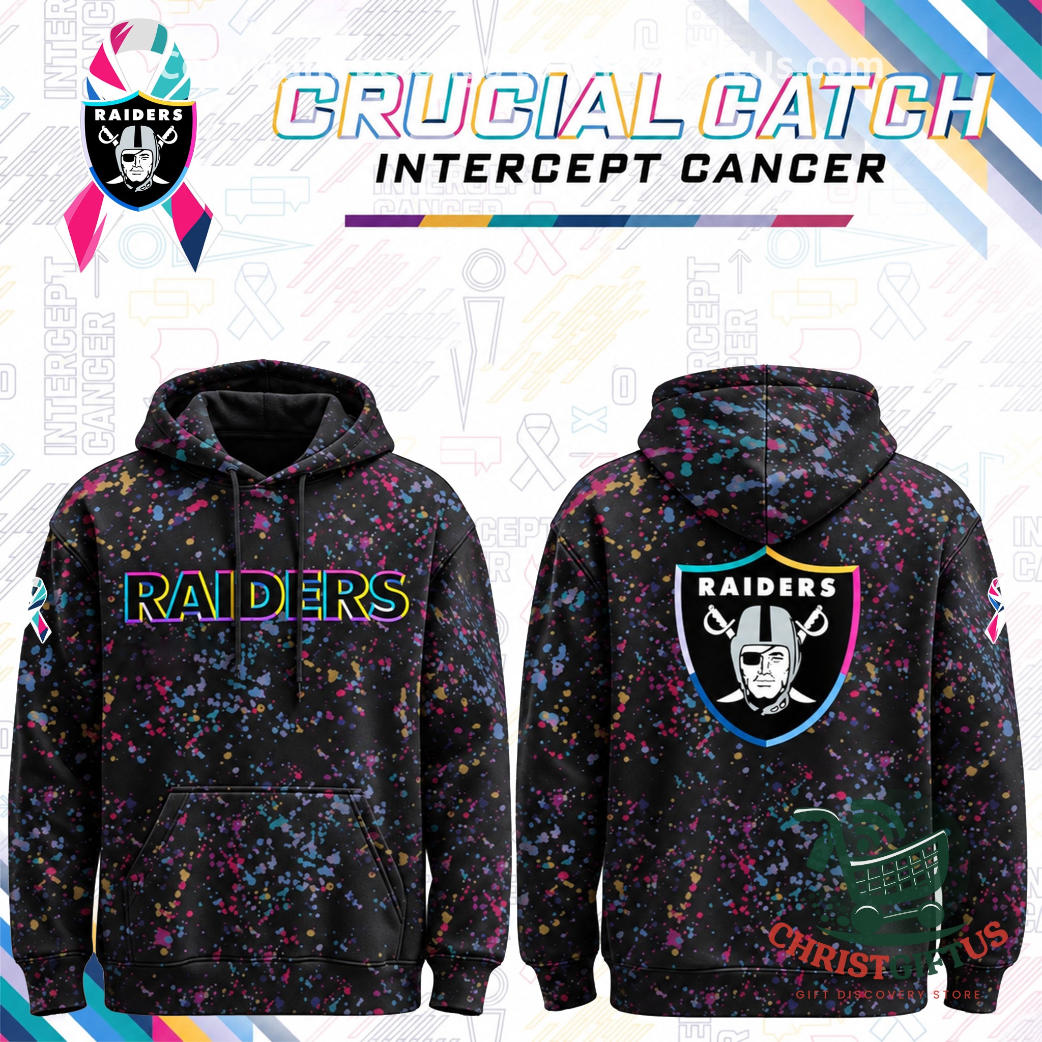 Las Vegas Raiders Crucial Catch Intercept Cancer Hoodie 2026 - front and back views