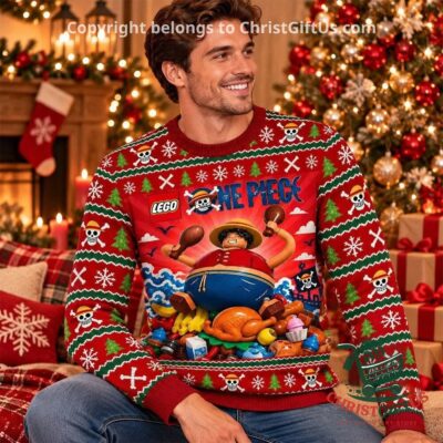 LEGO One Piece Christmas 2026 Ugly Sweater - front view showing central character graphic