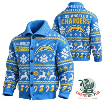 Los Angeles Chargers Ugly Christmas Sweater Knit Cardigan 2026 - front and back views