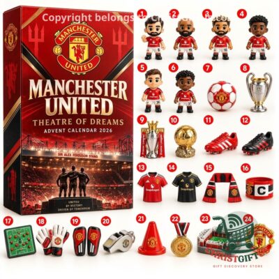 Manchester United FC 2026 Advent Calendar - front cover beside numbered football-themed items