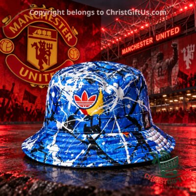 Manchester United x Stone Roses Bucket Hat 2026 - front view showing Adidas Trefoil emblem