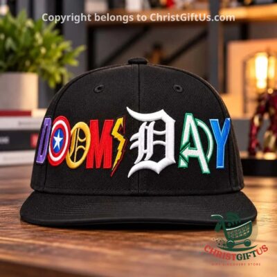 Black snapback with multicolour DOOMSDAY embroidered lettering