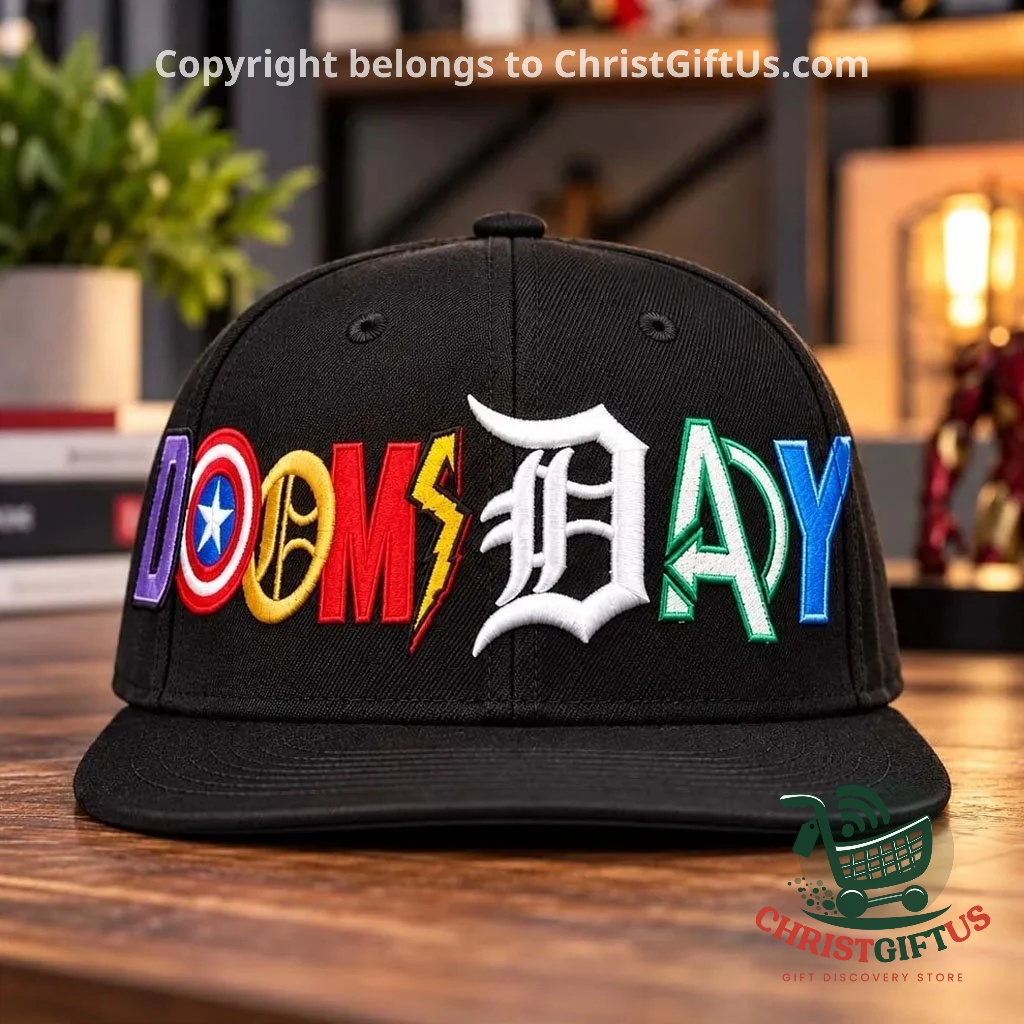 Black snapback with multicolour DOOMSDAY embroidered lettering