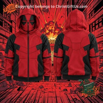 Deadpool balaclava zip hoodie front and back on a comic-book background