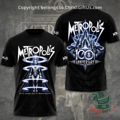 Metropolis anniversary T-shirt - front view with robot and glowing rings