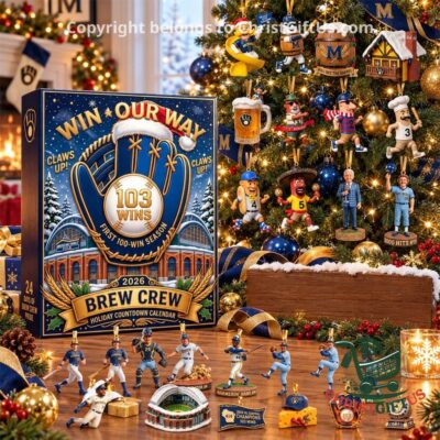 Brewers 103 Wins Brew Crew calendar under a Christmas tree with figures