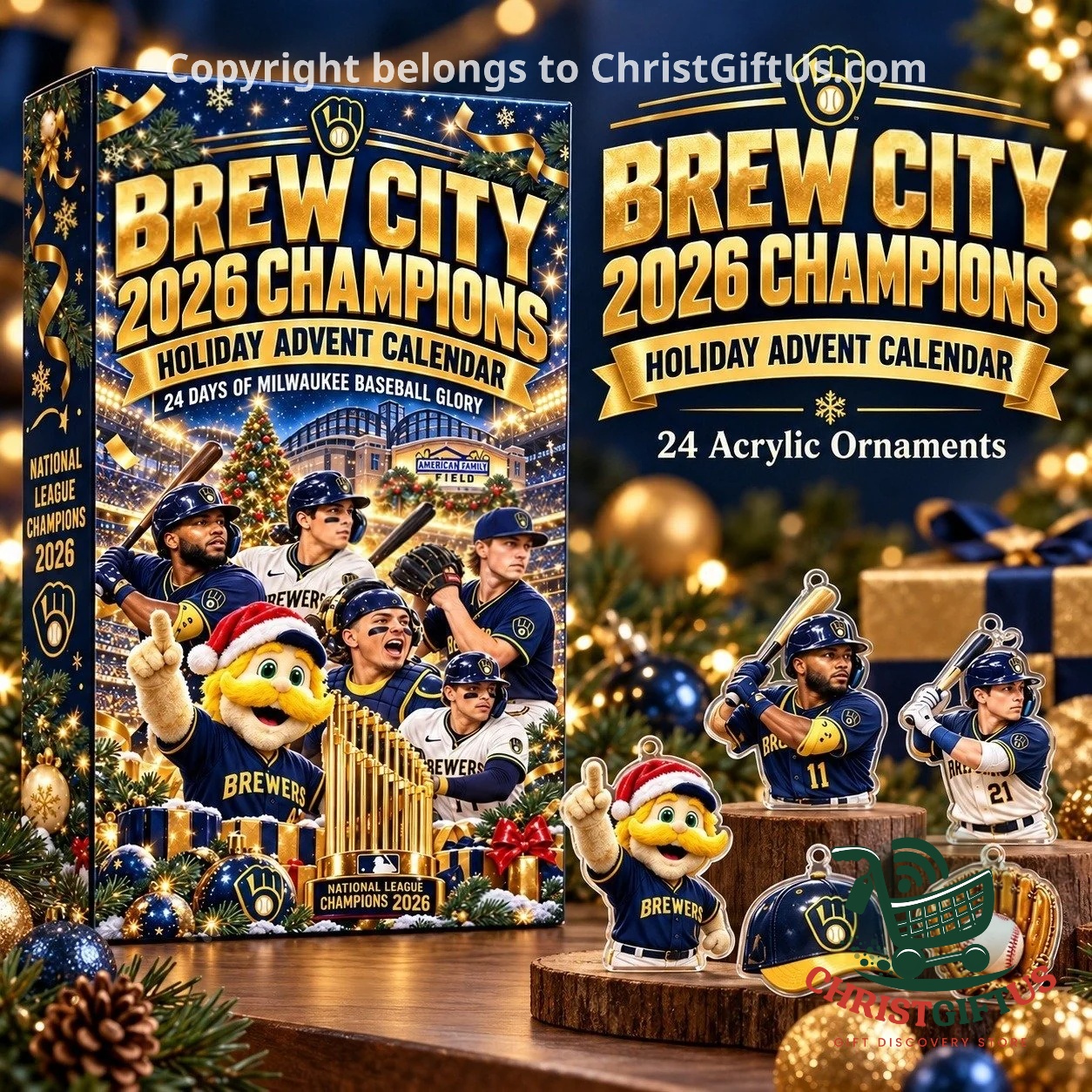 Milwaukee Brewers 2026 National League Champions Advent Calendar - front box and ornament display