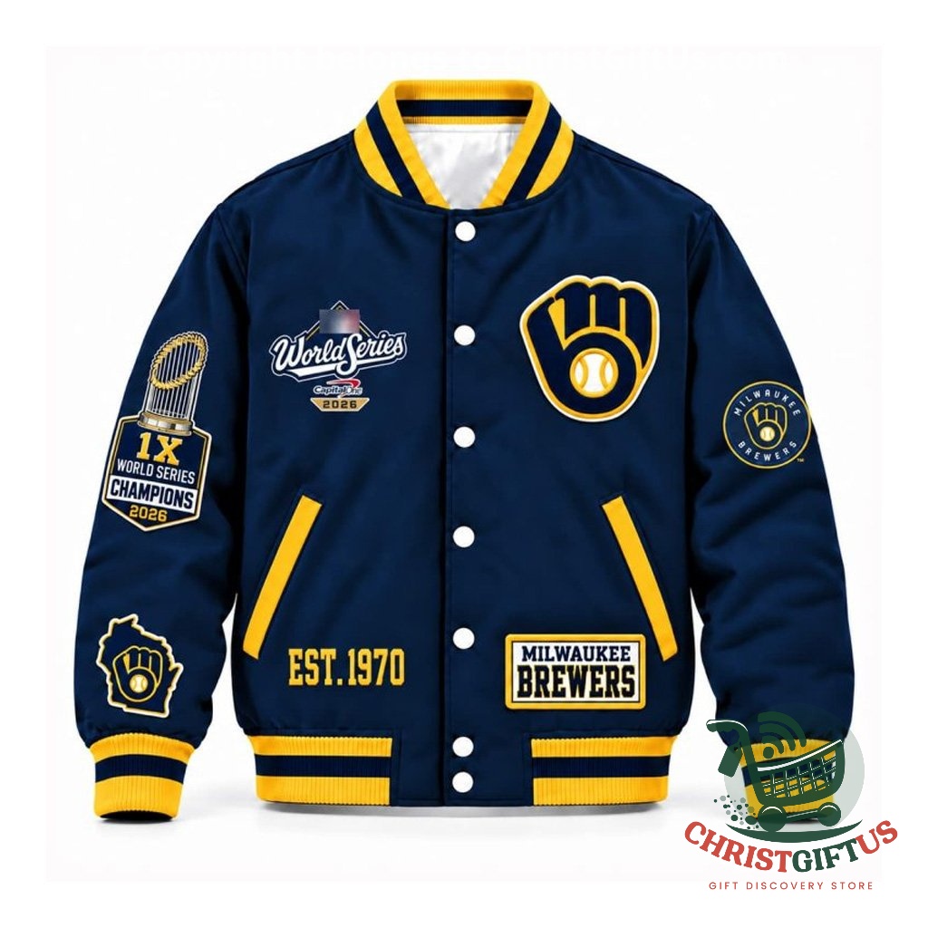 Navy Brewers World Series Champions 2026 bomber jacket with gold trim