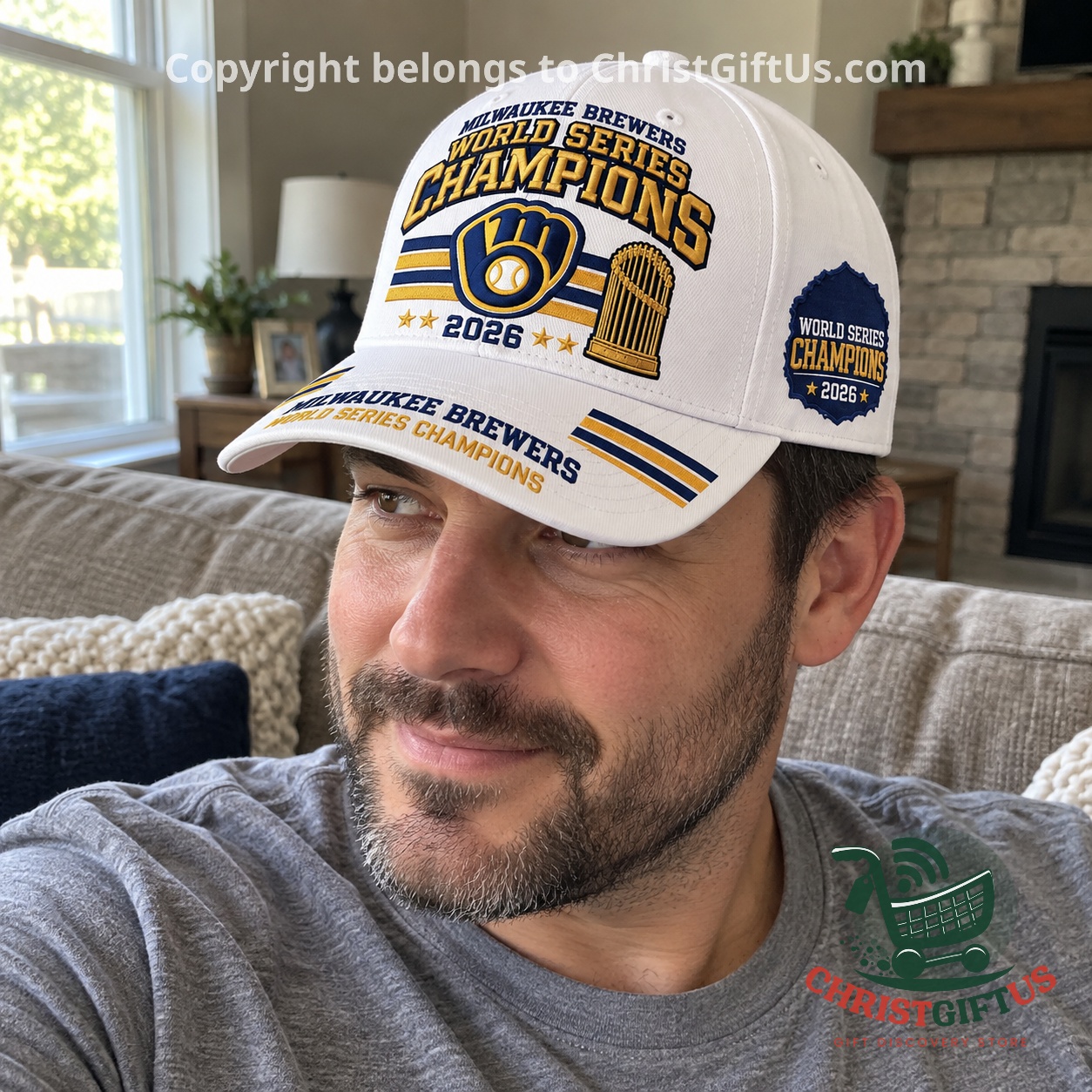 Man wearing the white Brewers World Series Champions cap
