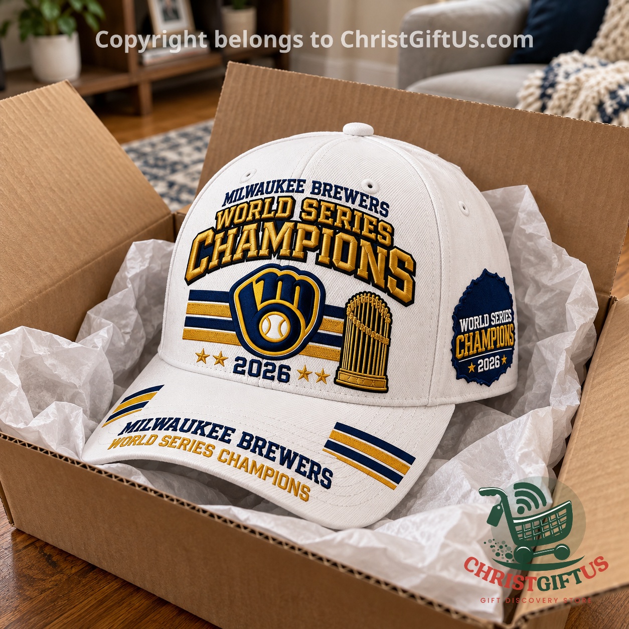 Brewers World Series Champions cap in an open shipping box