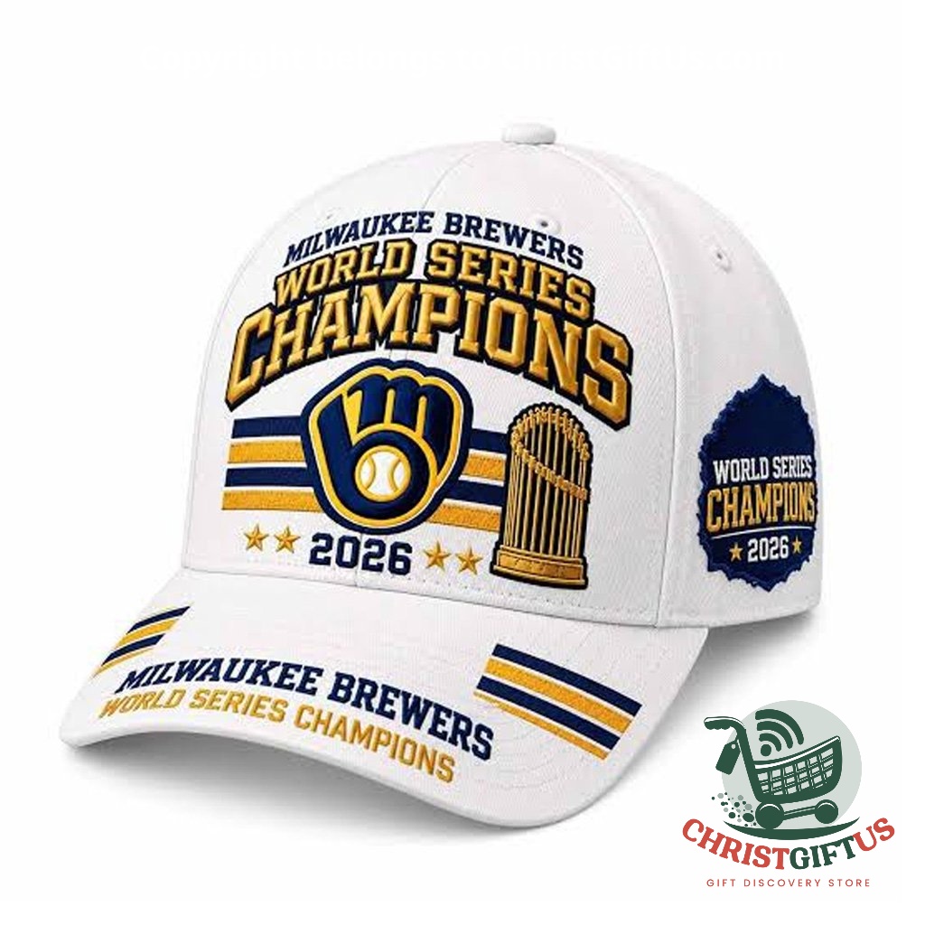 White Milwaukee Brewers World Series Champions 2026 cap with gold trophy