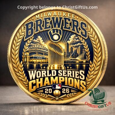 Brewers World Series Champions coin with trophy, ballpark and Milwaukee skyline