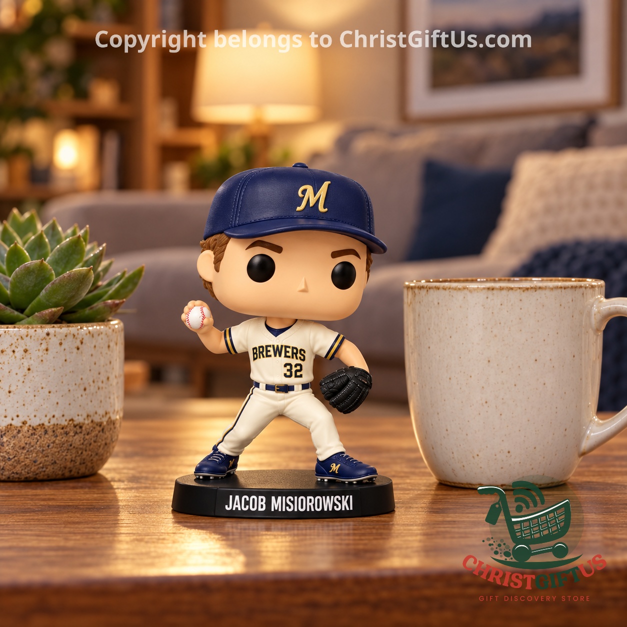 Misiorowski figure on a desk beside a coffee mug
