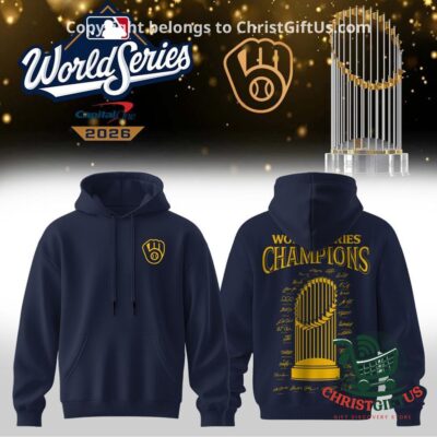 Navy Brewers World Series Champions hoodie front and back with the trophy