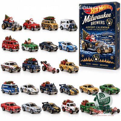 Brewers Hot Wheels advent calendar box beside 24 car designs