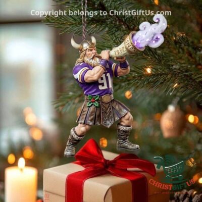 Minnesota Vikings Viktor the Viking Gjallarhorn Christmas Ornament 2026 - front view on Christmas tree