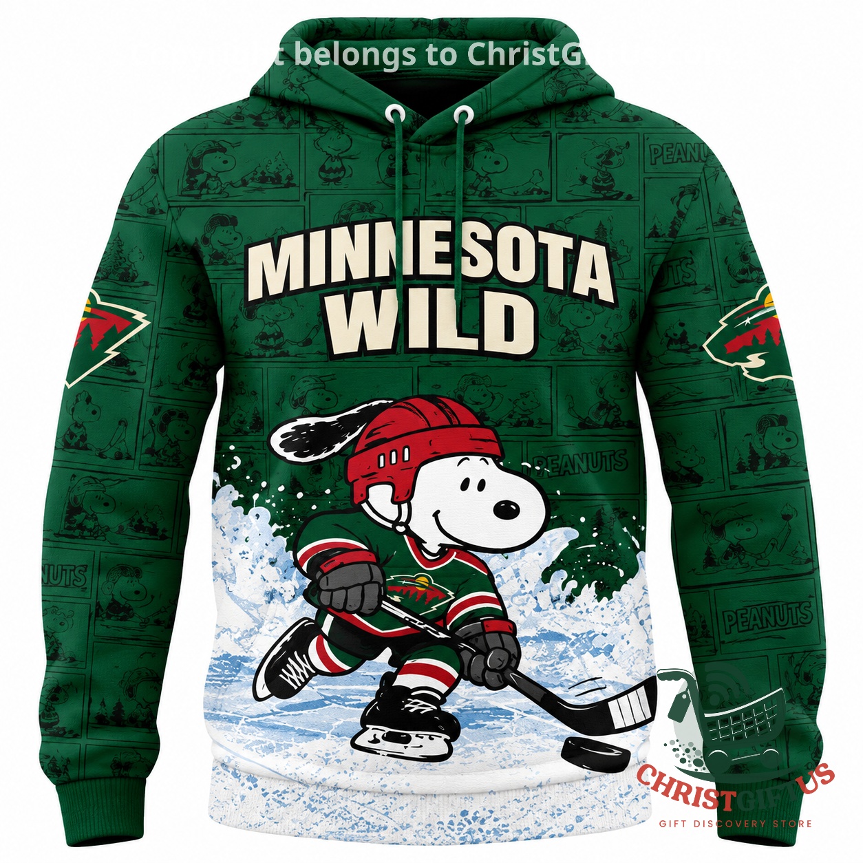 Minnesota Wild Peanuts Day 2026 Hockey Game Hoodie - front design featuring Snoopy playing hockey