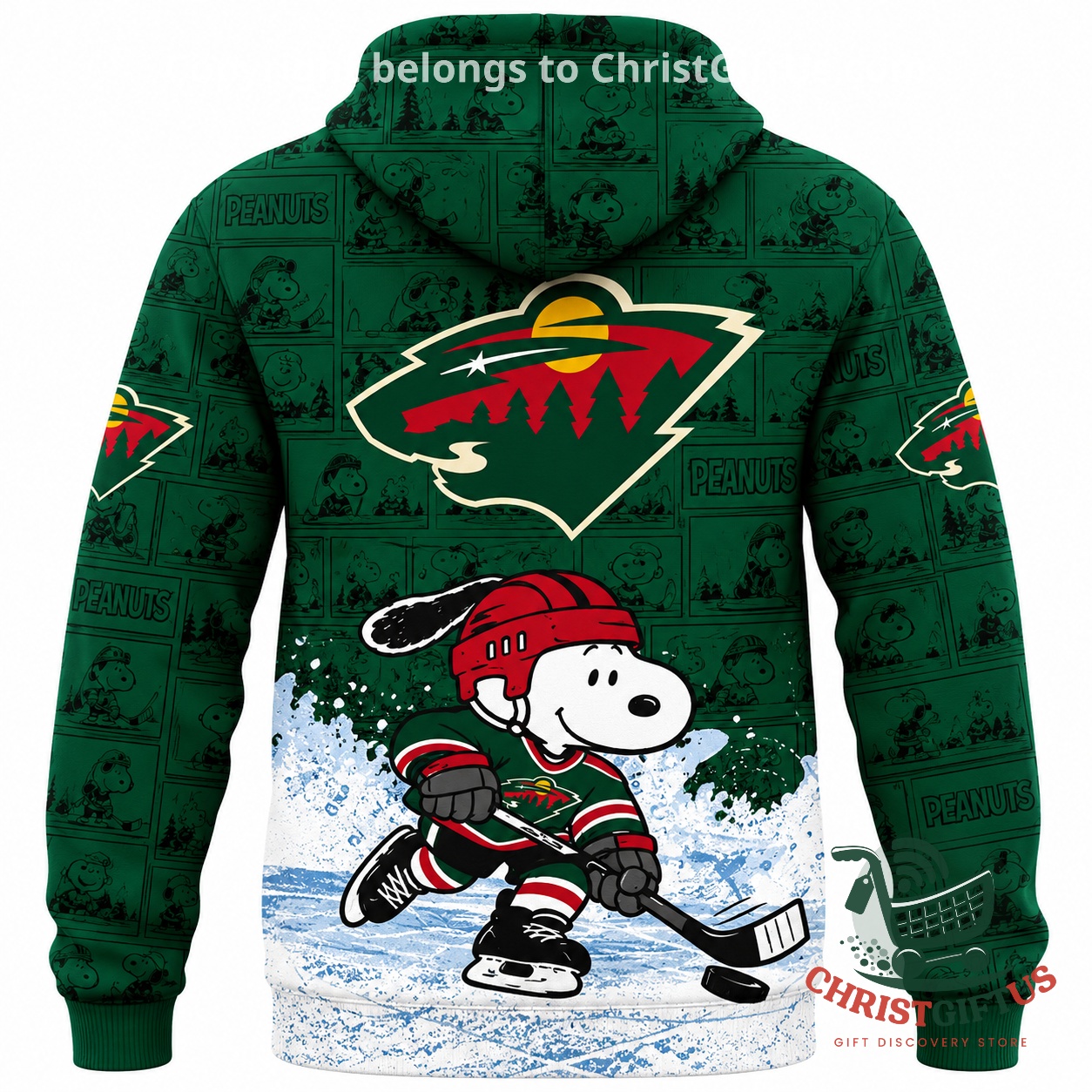 Minnesota Wild Peanuts Day 2026 Hockey Game Hoodie - back logo and Peanuts hockey pattern