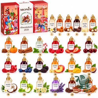MONIN 2026 Advent Calendar 24 Syrup Bottle Ornament Charms - box and numbered charms
