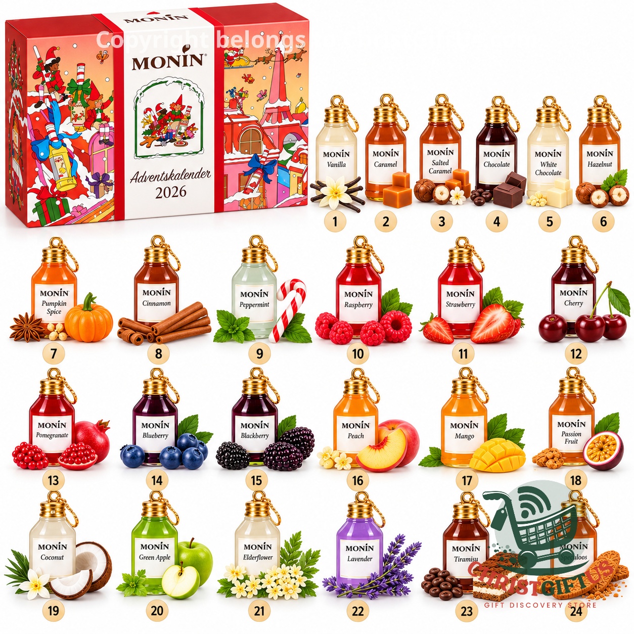 MONIN 2026 Advent Calendar 24 Syrup Bottle Ornament Charms - box and numbered charms