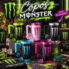 Monster Energy can holders with handles in green, pink, white, cyan and magenta, each with a claw keychain