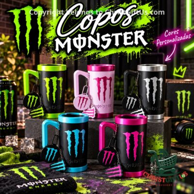 Monster Energy can holders with handles in green, pink, white, cyan and magenta, each with a claw keychain