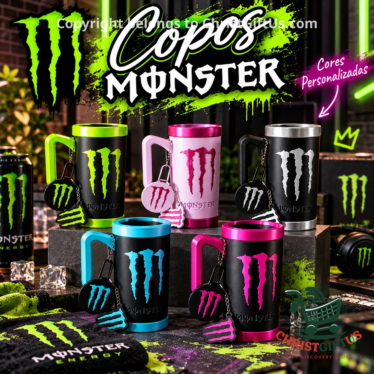 Monster Energy can holders with handles in green, pink, white, cyan and magenta, each with a claw keychain