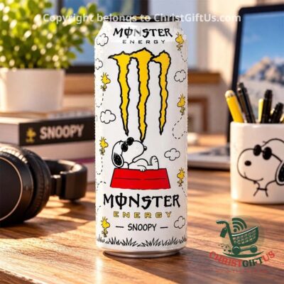 Monster Energy Snoopy Peanuts Edition Can Tumbler - front view with Snoopy and Monster claw logo
