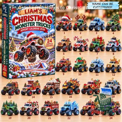Monster Trucks Christmas Advent Calendar 2026 - box front and 24 numbered ornament designs