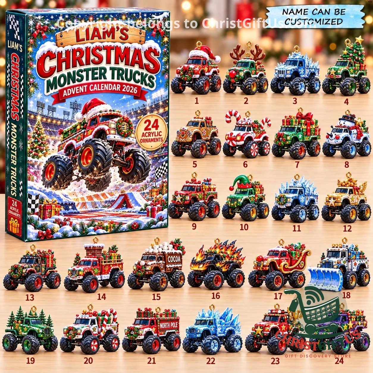 Monster Trucks Christmas Advent Calendar 2026 - box front and 24 numbered ornament designs