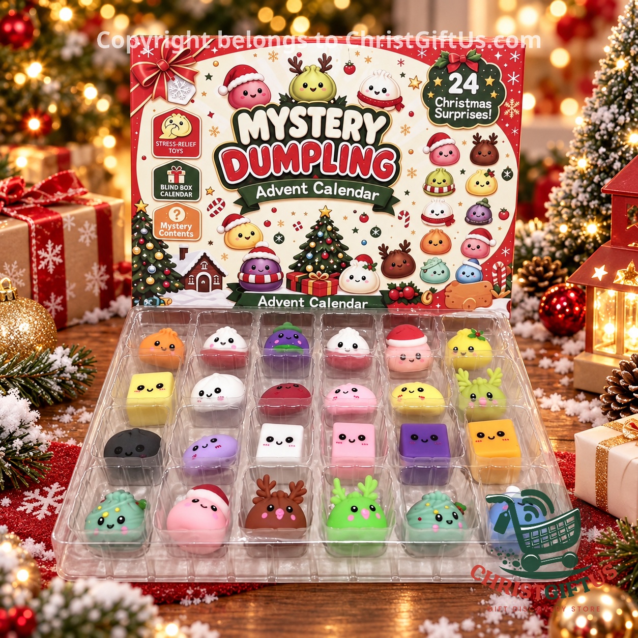 Mystery Dumpling Christmas Surprises Advent Calendar - front packaging and toy tray display