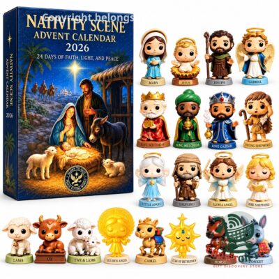 Nativity Scene Christmas 2026 Advent Calendar - box with the labelled lineup of nativity figures