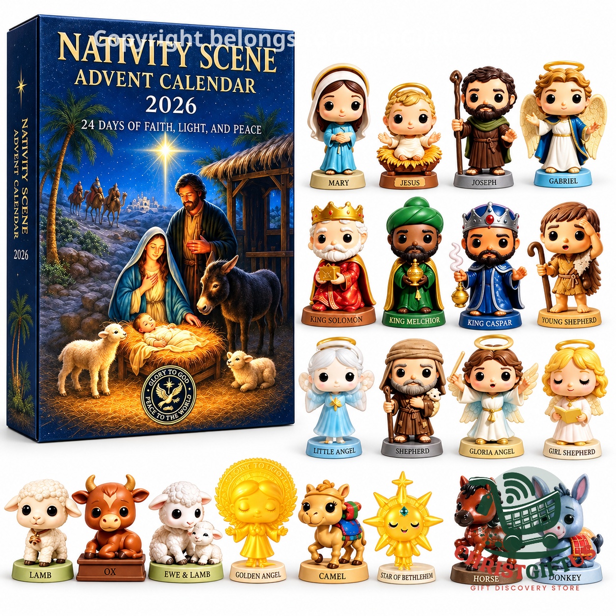 Nativity Scene Christmas 2026 Advent Calendar - box with the labelled lineup of nativity figures