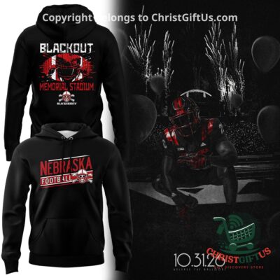 Nebraska Wear Black hoodie front and back beside a blackout game photo