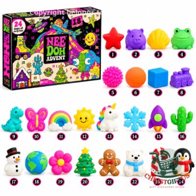 Nee Doh 24-Day Christmas Surprise Advent Calendar 2026 - box and 24 numbered stress ball designs