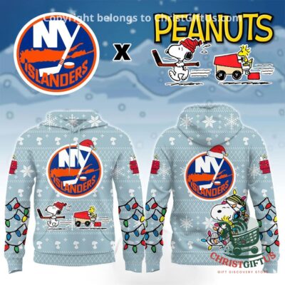 New York Islanders x Peanuts 2026 Snoopy Christmas Night Hoodie - front and back views with holiday graphics