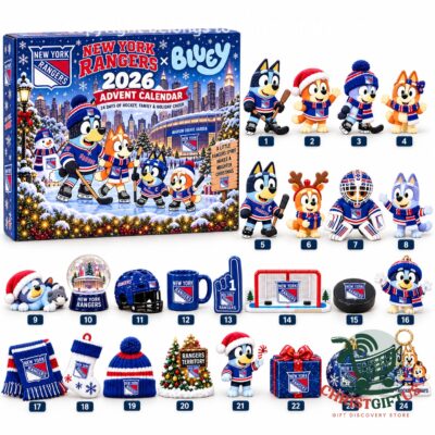 New York Rangers x Bluey Christmas 2026 Advent Calendar - box with the character and hockey charm lineup