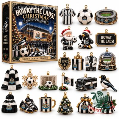 Newcastle United Howay the Lads Christmas Advent Calendar - box with the full set of black and white ornaments
