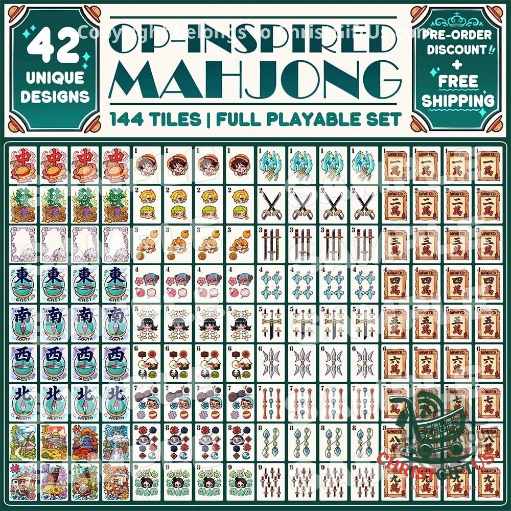 Nominno One Piece Anime Mahjong Tiles Set – Spread showing numbered anime tiles Nominno One Piece Anime Mahjong Tiles Set - spread showing numbered anime tiles