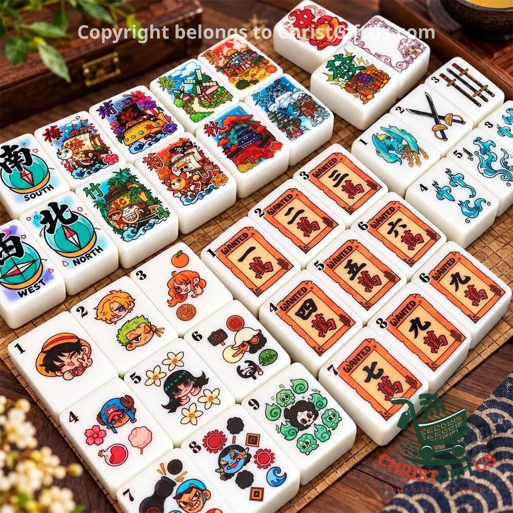 Nominno One Piece Anime Mahjong Tiles Set - angled view of illustrated tiles
