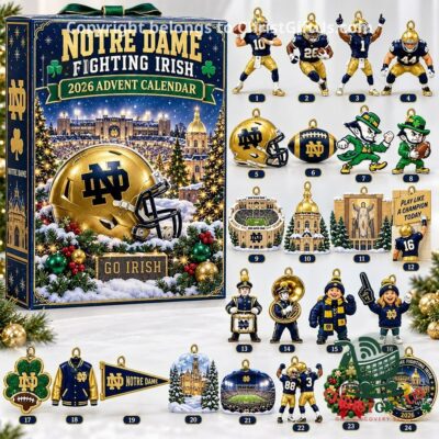 Notre Dame Fighting Irish 2026 Christmas Advent Calendar - front box with numbered ornament designs