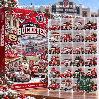 Ohio State Buckeyes Cars advent calendar box beside the tray of designs