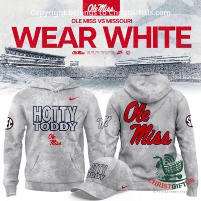 Ole Miss Rebels Wear White vs Missouri Graphic Hoodie - front and back views with matching cap