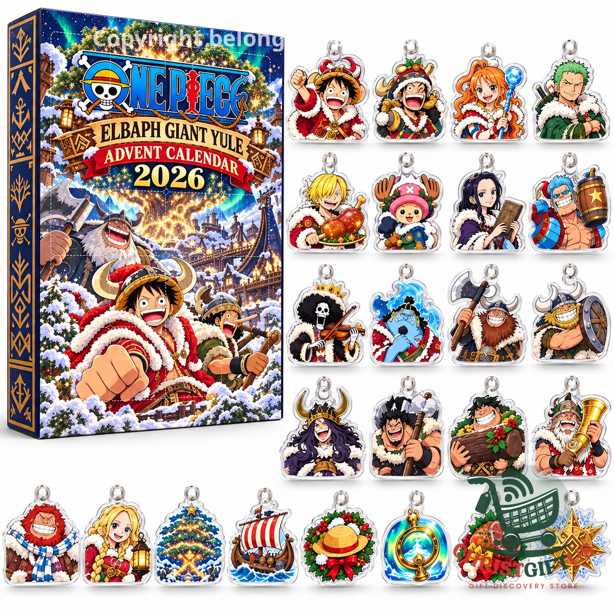 One Piece Elbaph Giant Yule 2026 Advent Calendar - front box with assorted character charms