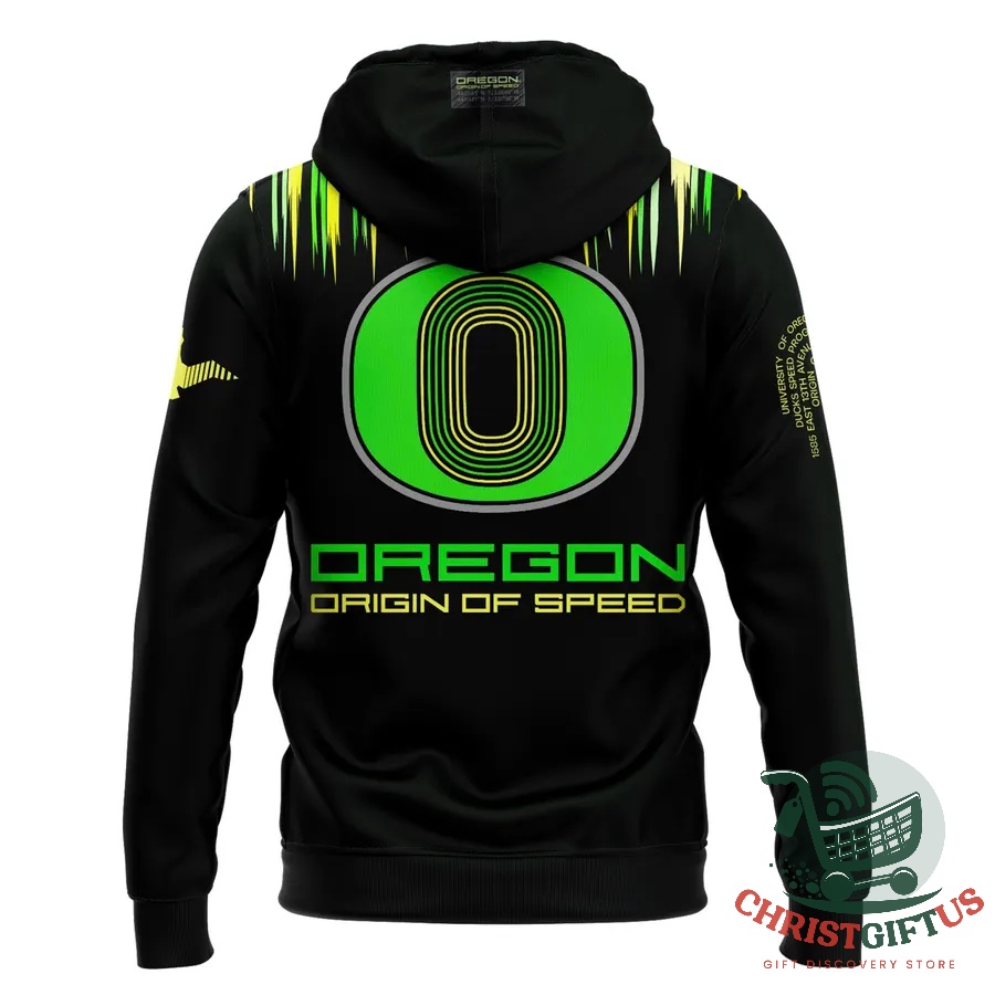 Oregon Ducks Origin of Speed Hoodie - back design with Origin of Speed lettering