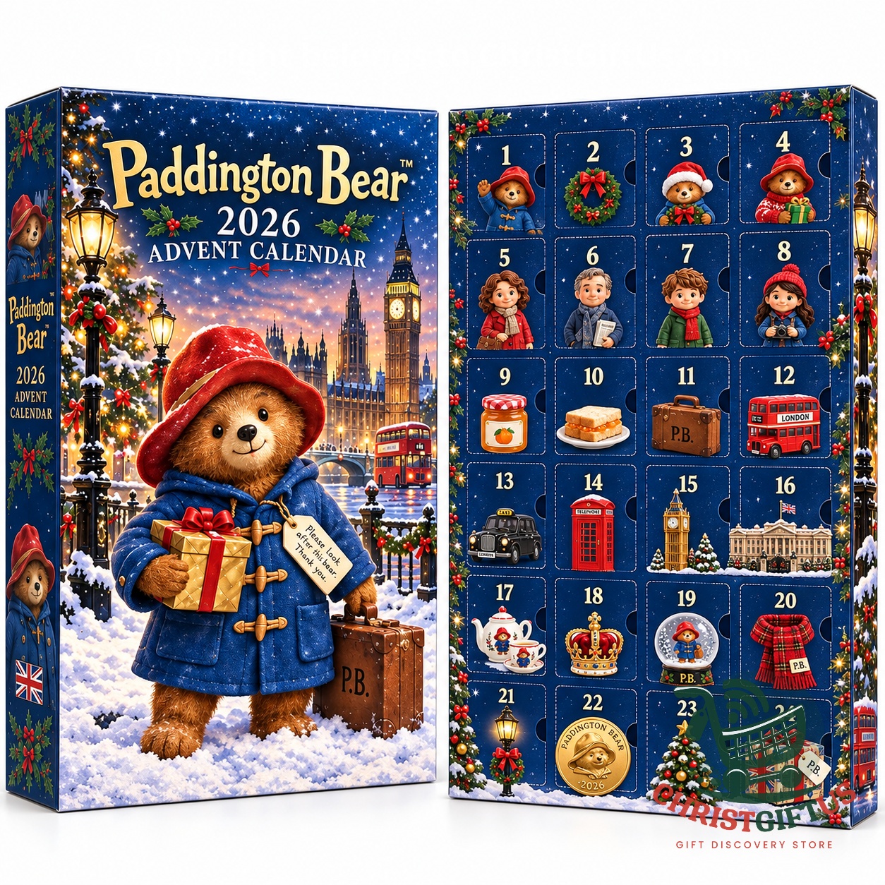 Paddington Bear Christmas London 2026 Advent Calendar - side panel with festive character artwork