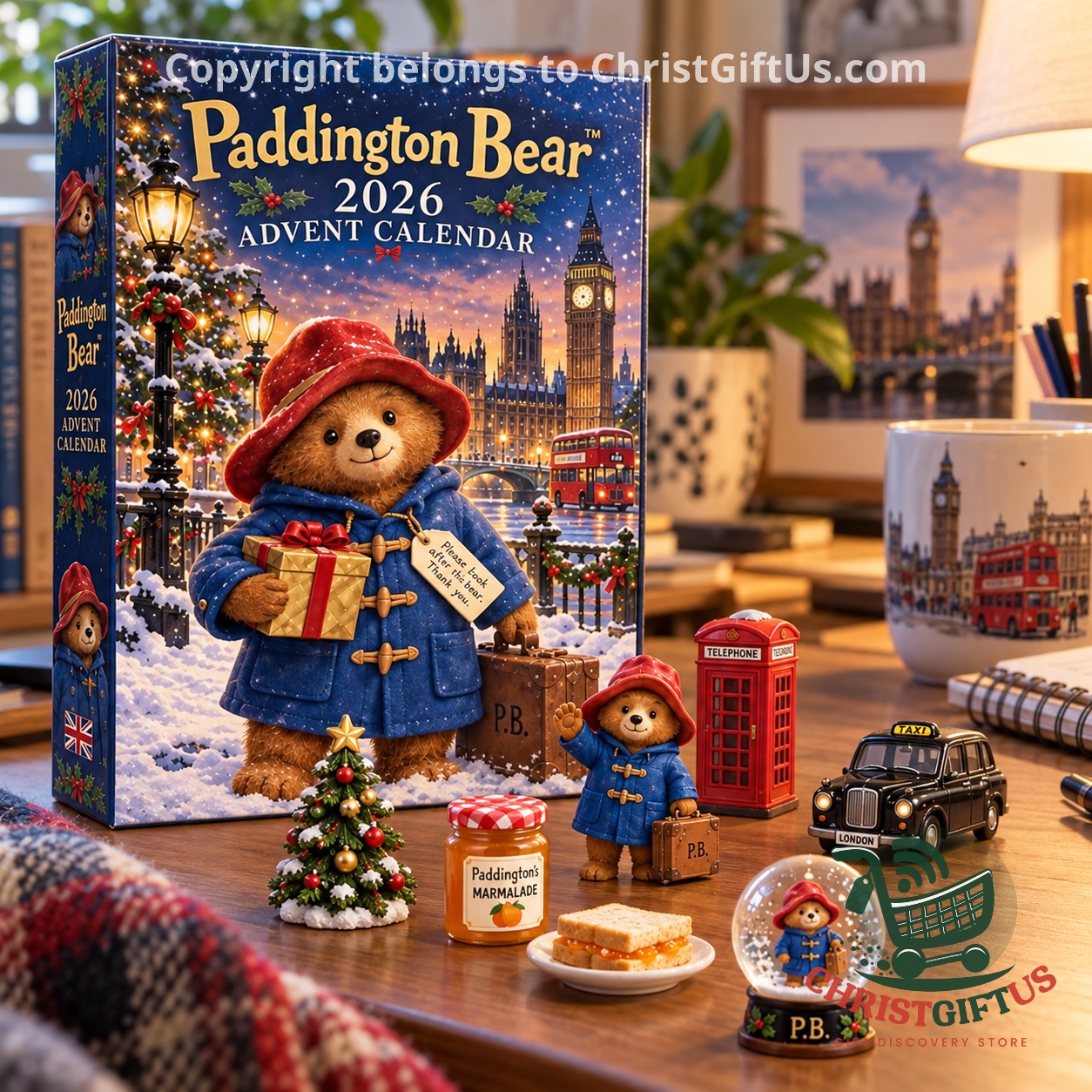 Paddington Bear Christmas London 2026 Advent Calendar – Close view of London Christmas Paddington Bear Christmas London 2026 Advent Calendar - close view of London Christmas design