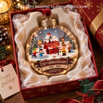 Peanuts 76th Anniversary 2026 Christmas Globle Ornament - ornament displayed inside a decorated gift box